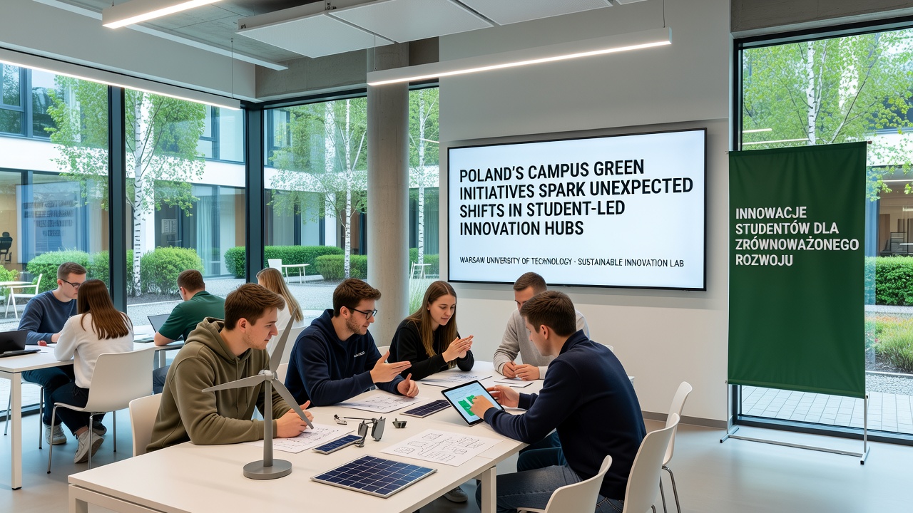 Students collaborating inside a campus innovation hub equipped with green technology prototypes
