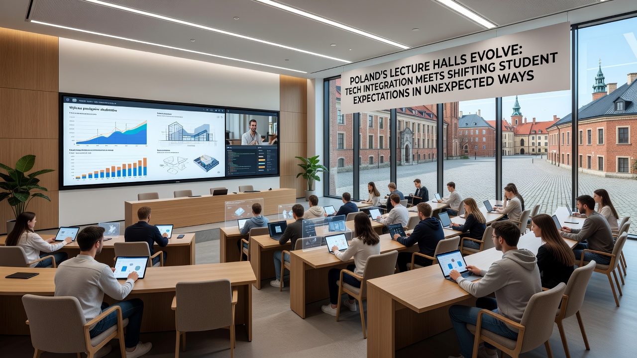 Students using tablets and collaborative software in an updated Polish university lecture setting